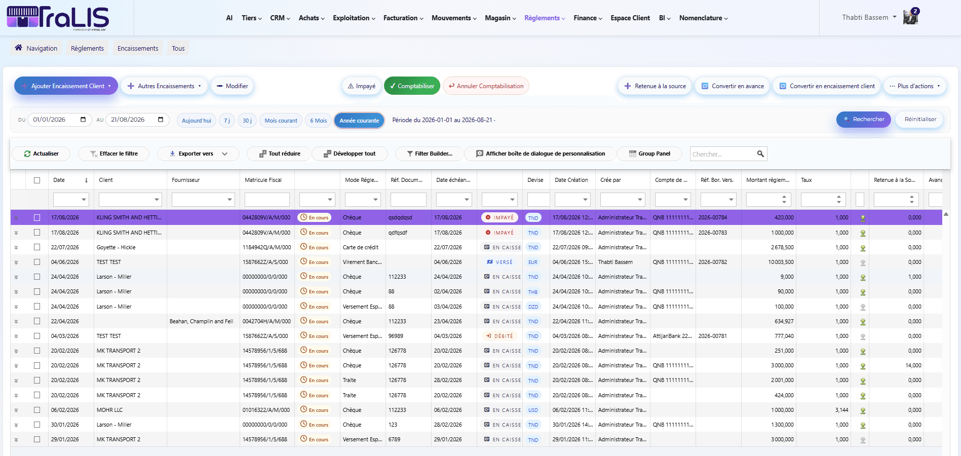 Client collections — payment methods (cheque, wire transfer, card), statuses (Deposited, Unpaid, In Cash Desk), matching, and bank reconciliation