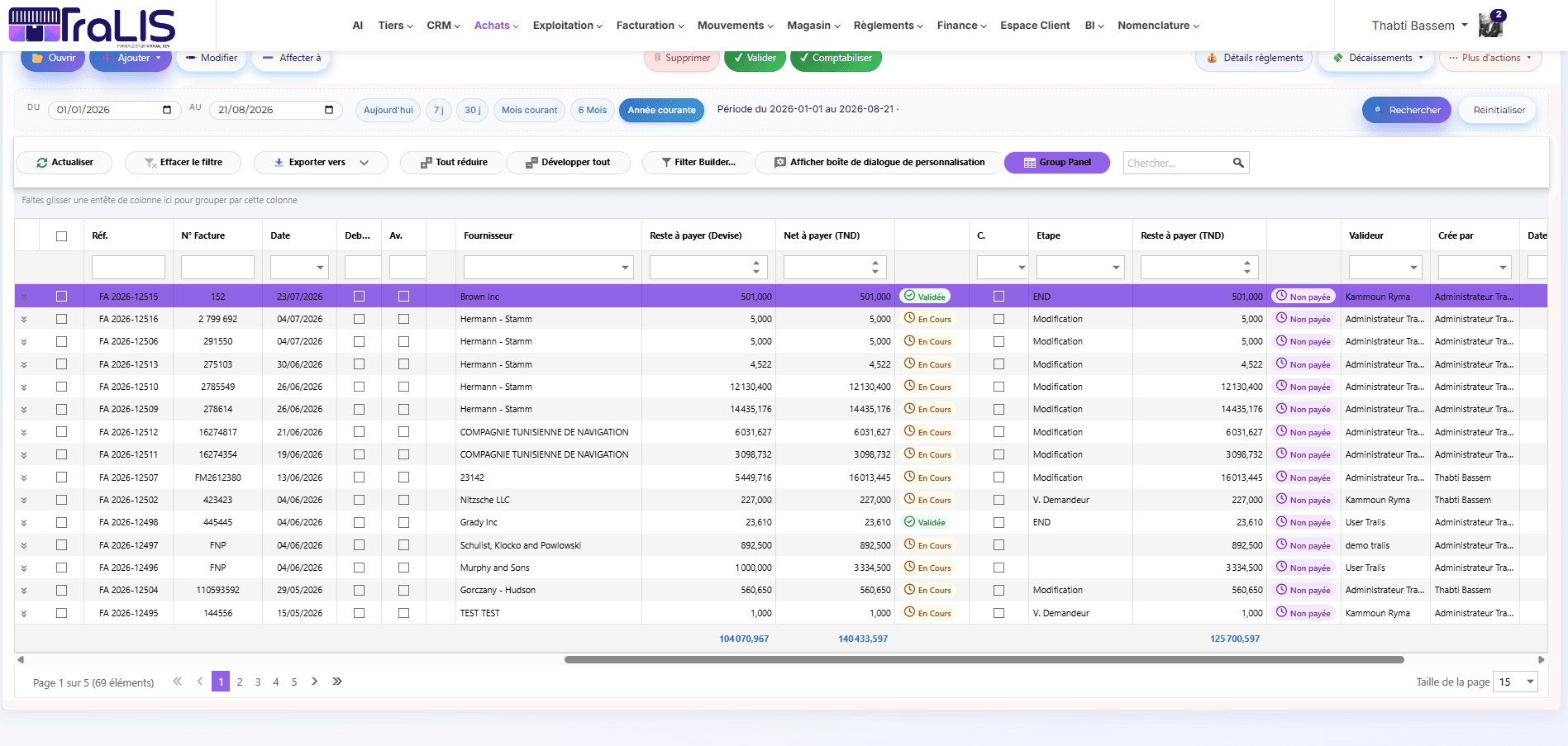 Supplier invoices — multi-step validation, matching, and remaining payable tracking in TND and currencies