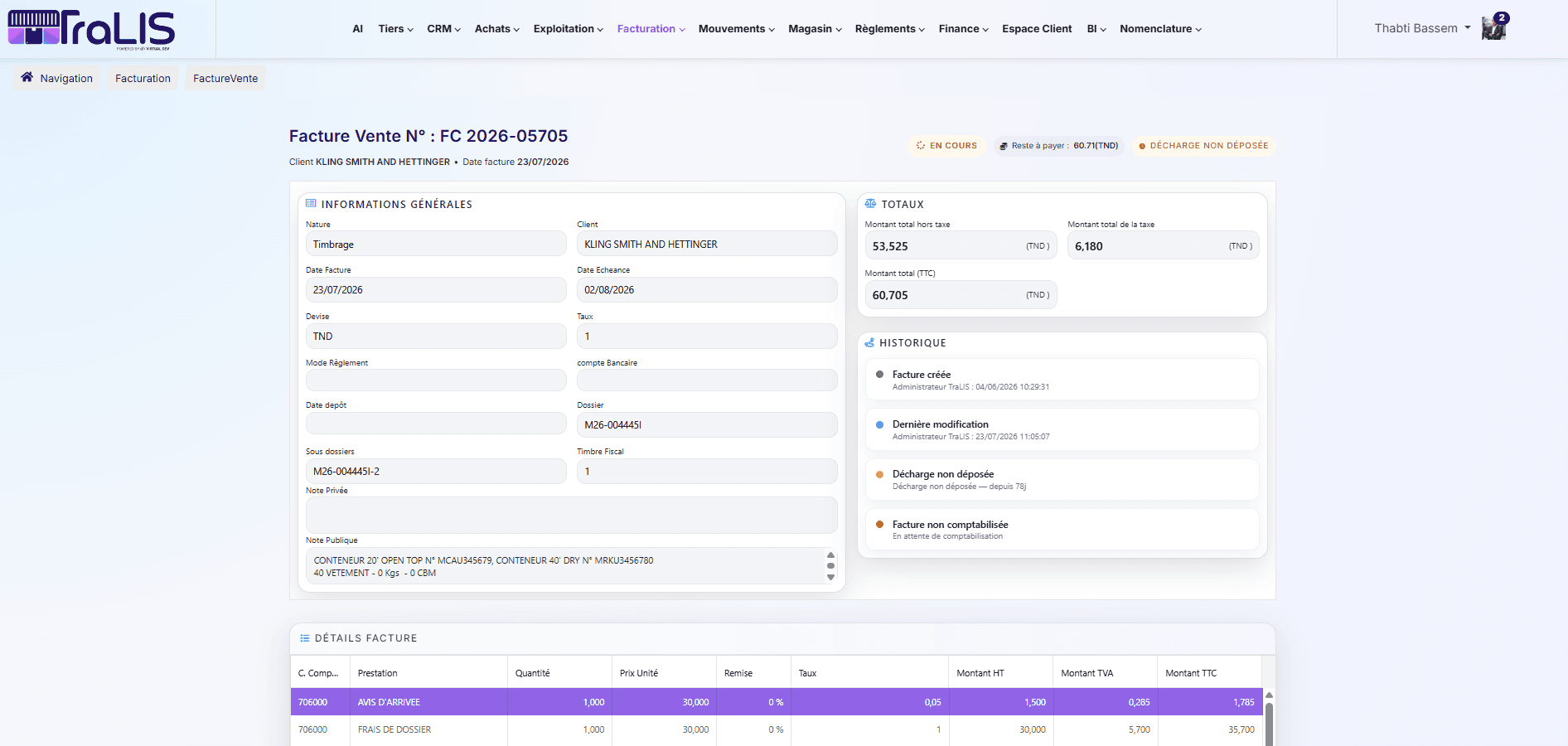 Sales invoice — general information, service details, clearance status, and accounting history